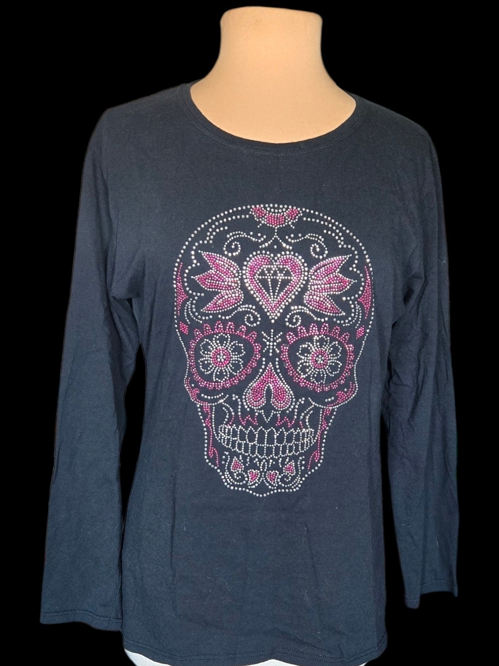 Gildan Black Long-Sleeve Tee with Pink and Silver Rhinestone Sugar Skull